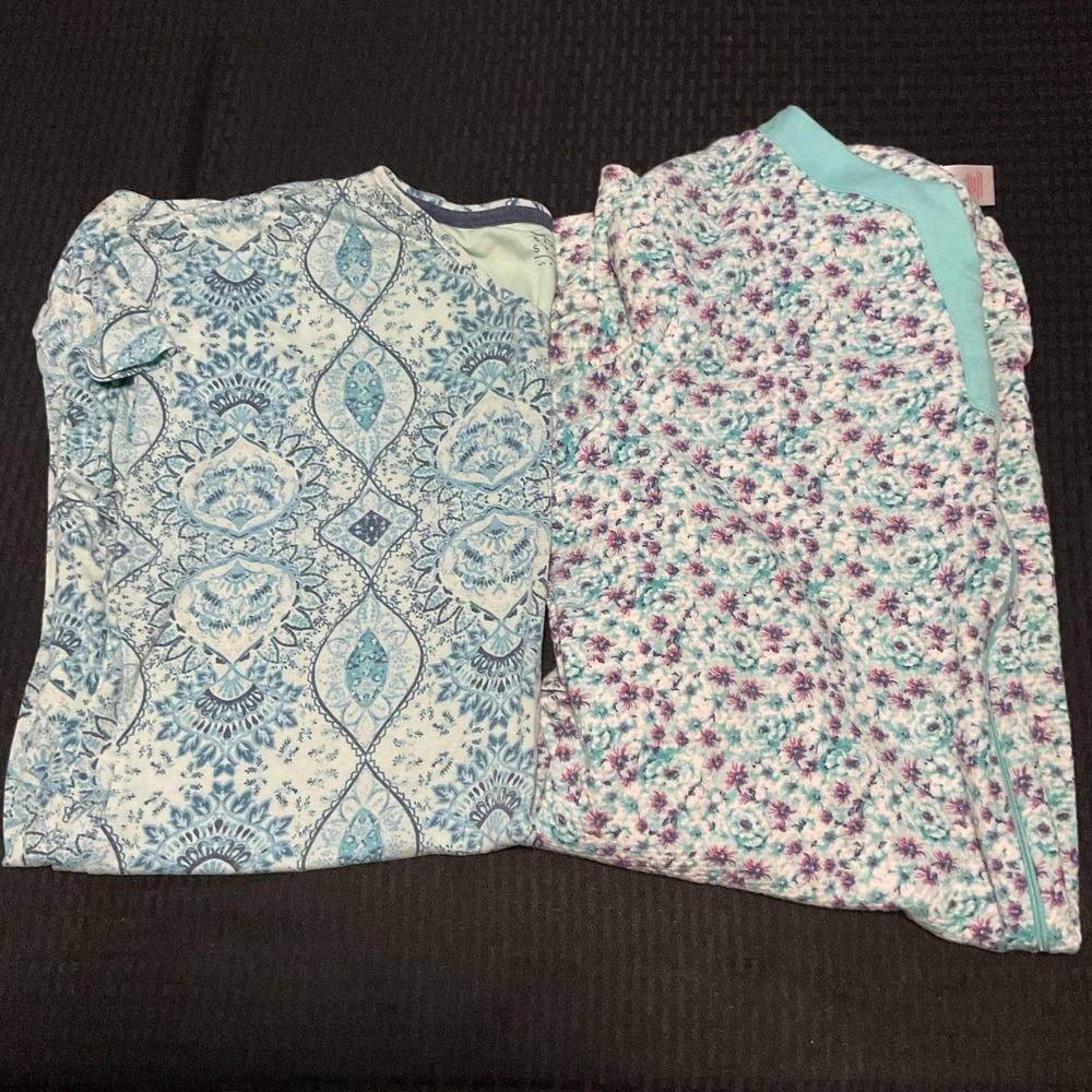 Mixed Brands Night Gown Womens 1X Blue Floral Short Sleeve Zip Lounge Lot Of 2‎
